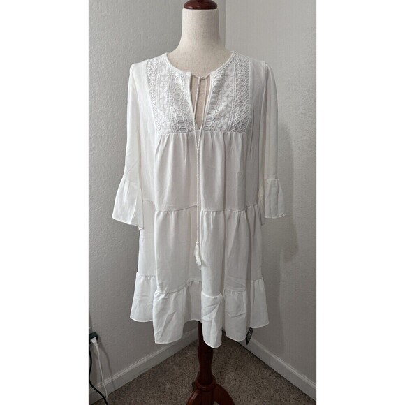 BMJL Swim Cover Up Mini Dress Women Size M White Boho NWT Beachy 3/4 Sleeve - Picture 2 of 7